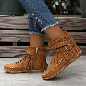 Women's Suede Fringe Drop Round Toe Flat Boots