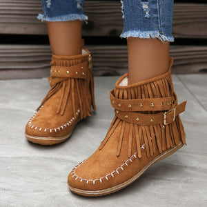 Women's Suede Fringe Drop Round Toe Flat Boots