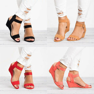 Women's Solid Color Round Toe Buckle Wedge Sandals