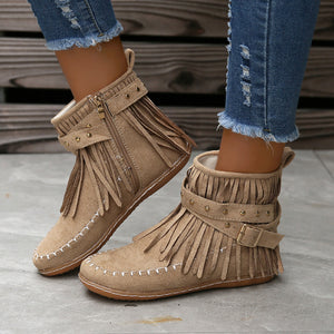 Women's Suede Fringe Drop Round Toe Flat Boots