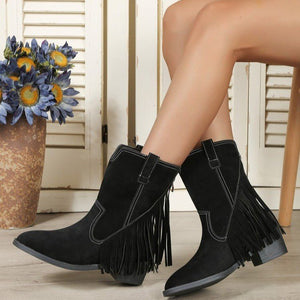 Winter tassel thick heel pointed toe high boots