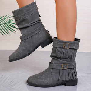 Women's Ankle Boots With Buckle Retro Combat Ankle Boots Fall Winter PU Leather Short Boots