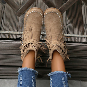 Women's Suede Fringe Drop Round Toe Flat Boots