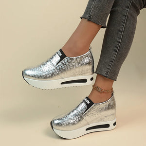 Metallic Thick Bottom Slip On Women Pumps