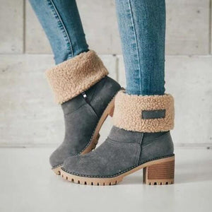 Women's Chunky Heel Round Toe Snow Boots-With zipper