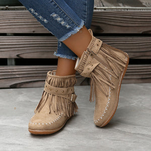 Women's Suede Fringe Drop Round Toe Flat Boots