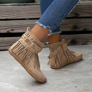 Women's Suede Fringe Drop Round Toe Flat Boots