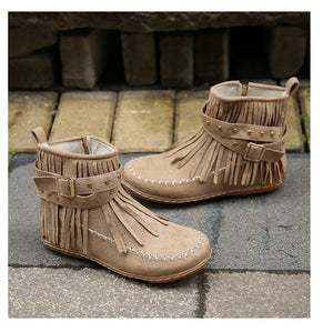 Women's Suede Fringe Drop Round Toe Flat Boots