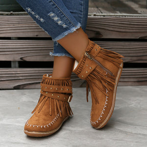 Women's Suede Fringe Drop Round Toe Flat Boots