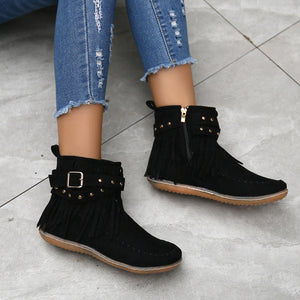 Women's Suede Fringe Drop Round Toe Flat Boots