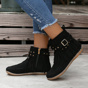 Women's Suede Fringe Drop Round Toe Flat Boots