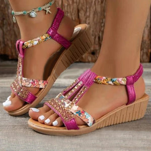 Women's Casual Rhinestone Wedge Round Toe Sandals