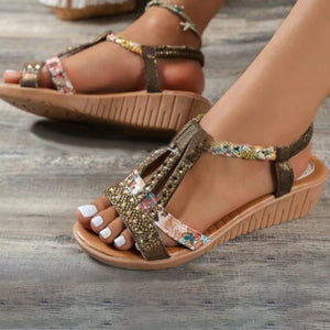 Women's Casual Rhinestone Wedge Round Toe Sandals