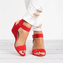 Cargar imagen en el visor de la galería, Women&#39;s Solid Color Round Toe Buckle Wedge Sandals
