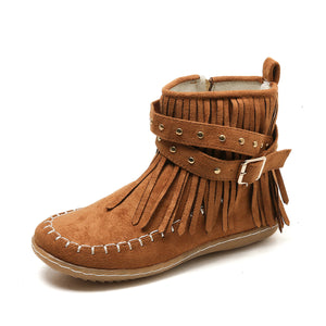 Women's Suede Fringe Drop Round Toe Flat Boots