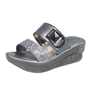 Ladies Sequined Rhinestone Wedge Slippers